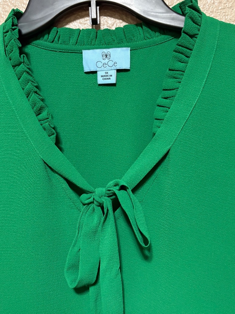 CeCe Green Pleated Ruffle Tie Neck Blouse - Picture 3 of 9